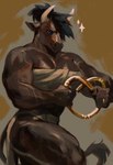 anthro black_hair blue_eyes breasts brown_body brown_fur clothed clothing female flexing fur hair horn looking_at_viewer muscular muscular_anthro muscular_female muscular_thighs smile solo tail tail_tuft tuft shanikafaceless european_mythology greek_mythology mythology eleutheria_avarta bovid bovine mammal minotaur hi_res