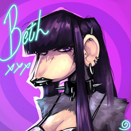 abstract_background alternative_fashion anthro arm_tuft bangs black_lips breasts camisole cleavage clothed clothing collar ear_piercing ear_ring elbow_tuft eyebrow_piercing facial_piercing female fur goth grey_body grey_fur hair labret_piercing lip_piercing lip_ring lips long_hair piercing purple_eyes ring_piercing simple_background solo spiked_collar spikes spiral_background thick_lips tuft potatoturtle beth_(redustheriotact) haplorhine mammal monkey primate 1:1 2025