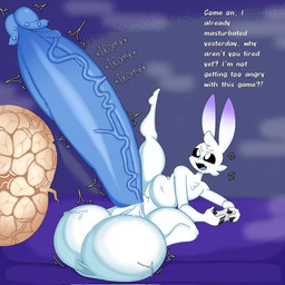 anthro balls big_balls big_penis blue_penis controller genitals huge_balls huge_penis hyper hyper_genitalia hyper_penis male penis solo sperm_cell text vein veiny_penis white_body white_eyes lokbunny17 lok_bunny lagomorph leporid mammal rabbit 1:1 english_text hi_res