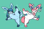 3:2 ambiguous_gender anus anus_only blue_body blush bodily_fluids duo eeveelution eyes_closed featureless_crotch feral generation_4_pokemon generation_6_pokemon glaceon hand_on_leg hi_res nintendo one_leg_up pawpads paws pokemon pokemon_(species) raised_leg simple_background spread_legs spreading stretching sweat sylveon white_body wolfwithwing