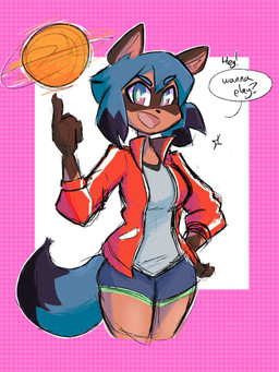 anthro ball basketball_(ball) blue_hair bottomwear breasts brown_body claws clothed clothing dialogue female finger_claws fully_clothed hair looking_at_viewer shorts smile solo speech_bubble standing text thick_thighs track_jacket wide_hips kilinah brand_new_animal studio_trigger michiru_kagemori canid canine mammal raccoon_dog tanuki english_text hi_res