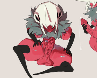 black_legs blush blush_lines bodily_fluids bone dripping genital_fluids genitals glistening hand_on_leg hand_on_thigh holding_penis long_penis looking_down male motion_lines neck_tuft penis pose precum precum_bead precum_drip red_body simple_background skull skull_helmet thick_thighs tuft vein veiny_penis alretta hollow_knight:_silksong hollow_knight_(franchise) team_cherry ant arthropod hymenopteran insect skarr skarr_stalker digital_drawing_(artwork) digital_media_(artwork) hi_res portrait shaded