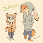 anthro bunny_costume clothed clothing costume female fox_costume fur group male mojacookie disney zootopia judy_hopps nick_wilde canid canine fox lagomorph leporid mammal rabbit red_fox true_fox 1:1