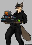 anthro bottomwear box brown_hair clothed clothing container eyes_closed fangs fur gaming hair happy holding_box holding_container holding_object hoodie male pants simple_background smile solo teeth text tight_bottomwear tight_clothing topwear botter_dork amd nvidia bela_(botter_dork) canid canine fox mammal absurd_res digital_media_(artwork) hi_res