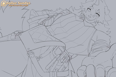 5_fingers anthro clothing fingers looking_at_viewer low-angle_view male patreon_logo patreon_username smile solo text sollyz arknights hypergryph patreon studio_montagne hung_(arknights) canid canine canis domestic_dog mammal 2020 digital_drawing_(artwork) digital_media_(artwork) line_art monochrome url