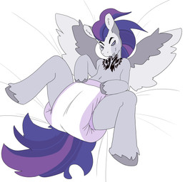 ageplay bedding bedding_background black_markings blue_eyes blue_hair blue_tail clean_diaper clothed clothing diaper fangs feral fur grey_body grey_fur grey_hooves grey_sclera grey_wings hair hooves infantilism looking_at_viewer lying male male_feral markings mouth_closed narrowed_eyes on_back purple_diaper purple_hair purple_tail roleplay solo tail teeth wearing_diaper white_diaper white_wings wings hardscales hasbro my_little_pony mythology equid equine mammal mythological_creature mythological_equine pegasus absurd_res hi_res