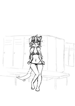 anthro bra clothing female locker_room panties pouting solo tail tsundere underwear undressing undressing_self monstergirlcock canid canine humanoid mammal absurd_res hi_res monochrome