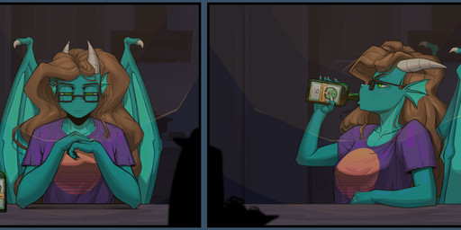2_panel_comic 5_fingers alcohol anthro beverage bottle breasts brown_hair chain chain_piercing clasped_hands claws clothing container drinking_alcohol ear_chain ear_frill ear_piercing ear_ring elbows_on_table eyebrows eyelashes eyewear female finger_claws fingers folded_wings frill_(anatomy) front_view geometric_background glass_bottle glasses green_bottle green_eyes grey_background hair half-closed_eyes horn kitchen kitchen_utensils lips long_hair long_nails looking_at_viewer loose_hair medium_breasts membrane_(anatomy) membranous_wings nails narrowed_eyes piercing print_clothing print_shirt print_t-shirt print_topwear pupils purple_clothing purple_shirt purple_t-shirt purple_topwear rectangular_glasses ring_piercing shirt short_sleeves side_view simple_background sitting_at_table slit_pupils solo sun sun_print synthwave t-shirt tail teal_body teal_wings text tired tired_eyes tools topwear wavy_hair wing_fingers wings yellow_lighting kirasunnight jägermeister mythology demiya_"stardust"_starsky dragon mythological_creature mythological_scalie scalie winged_dragon 2025 absurd_res comic half-length_portrait hi_res meme portrait trans_(lore) trans_woman_(lore)