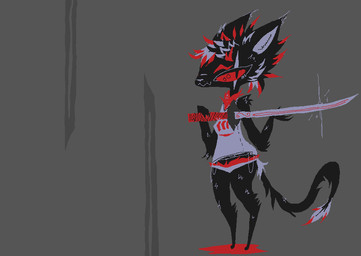 anthro black_body black_fur black_hair black_tail clothing female fur grey_hair hair holding_katana holding_melee_weapon holding_object holding_sword holding_weapon katana melee_weapon panties red_hair shirt solo sword tail tank_top topwear underwear weapon naircat domestic_cat felid feline felis mammal 2017 digital_drawing_(artwork) digital_media_(artwork) microsoft_paint_(artwork)