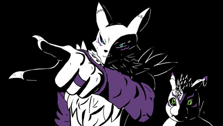 ambiguous_gender anime_style anthro armwear black_background black_sclera blue_eyes bridal_gauntlets chest_fur claws cloth clothing contrast countershading duo fingers fur gesture gloves green_eyes hand_gesture handwear long_ears markings narrowed_eyes pointing pointing_at_another purple_body purple_clothing purple_countershading purple_gloves purple_handwear purple_markings simple_background smile smirk squint starring tail white_body white_fangs yin_yang scuzz_missile bandai_namco digimon toei_animation aquatic canid canine digimon_(species) fox gomamon mammal renamon colored colored_sketch comic digital_drawing_(artwork) digital_media_(artwork) hi_res shaded sketch widescreen