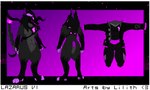 anthro armor claws clothing cyberpunk fire flaming_tail fur grey_body grey_fur hooves jacket male purple_background scales simple_background solo tail tentacles topwear cryptid_queen lazarus_vi hybrid hi_res model_sheet