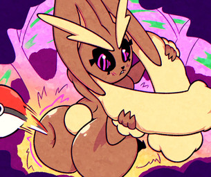 ambiguous_gender anthro arm_tuft big_butt black_nose black_sclera blush blush_lines brown_body brown_fur butt butt_slap cotton_tail eyebrows eyelashes floppy_ears fur long_ears looking_back lop_ears pink_eyes pokeball pokemorph rear_view slap solo thick_eyebrows thick_thighs tuft wide_hips wrist_tuft yellow_body yellow_fur kumoken nintendo pokemon generation_4_pokemon lopunny pokemon_(species)