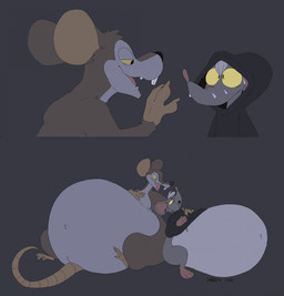 belly big_belly black_clothing black_shirt black_topwear clothing duo feral huge_belly male overweight shirt topwear yellow_sclera saphiros charlotte's_web hanna-barbera cheef_(saphiros) templeton_(charlotte's_web) mammal mouse murid murine rat rodent 2026 hi_res
