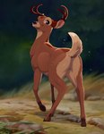 antlers blurred_background brown_body brown_eyes brown_fur butt feral fur hooves horn looking_back male outside quadruped rear_view smile solo standing tail nummynumz bambi_(film) disney bambi deer mammal absurd_res hi_res