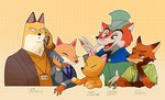 anthro cellphone clothed clothing electronics eyes_closed group hat headgear headwear male necktie phone smartphone text makaroniqqq animal_crossing disney nhk nhk_news nintendo odd_taxi pinocchio zootopia "honest"_john_foulfellow crazy_redd fuyuki_yamamoto_(odd_taxi) nick_wilde canid canine fox mammal red_fox true_fox crossover hi_res japanese_text