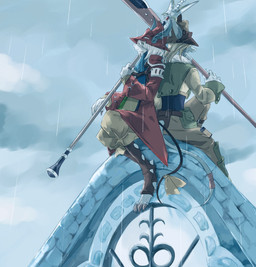 4_claws accessory ambiguous_anthro ambiguous_gender anthro armor arms_bent bent_legs biped blonde_hair bottomwear claws clothed clothed_ambiguous clothed_anthro clothing cloud cloudy_sky coat cravat cropped_jacket detailed_background duo eye_through_hair feet finger_claws fingers fully_clothed fully_clothed_ambiguous fully_clothed_anthro furgonomic_headwear furgonomics grey_body hair hand_wraps headgear helmet holding_melee_weapon holding_object holding_polearm holding_spear holding_weapon melee_weapon outside pants polearm pouch_(clothing) raining rat_tail red_clothing red_coat red_topwear ribbons sitting sky spear tail tail_accessory toe_claws toeless_legwear topwear translucent translucent_hair weapon white_hair wraps yellow_ribbon uni-6 final_fantasy final_fantasy_ix square_enix freya_crescent sir_fratley burmecian mammal rodent 2025 digital_drawing_(artwork) digital_media_(artwork) hi_res shaded female_(lore) male_(lore)