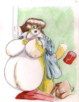 accessory age_regression anthro areola bell bell_collar belly big_areola big_belly big_breasts blue_eyes blush breasts brown_hair clothing collar female furgonomics hair huge_belly huge_breasts jewelry legwear navel nipples obese open_mouth outie_navel overweight pregnant purse ring shirt shrinking size_transformation solo stockings tail tail_accessory tail_jewelry tail_ring topwear transformation young young_anthro danellz kathy_(danellz) felid lion mammal pantherine 2007 traditional_media_(artwork)