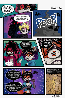 :< anarchy_symbol angry anthro black_body black_bottomwear black_clothing black_hair black_pants black_sclera black_speech_bubble blonde_hair blue_clothing blue_eyes blue_jacket blue_topwear bodily_fluids bottomwear cheek_tuft chest_wraps choker clothing coat crop_top dialogue ear_piercing eyeshadow eyewear facial_tuft fur glasses gradient_hair grey_eyeshadow group hair head_wings highlights_(coloring) industrial_piercing industrial_piercing_ladder jacket jewelry kidnapping makeup male midriff multicolored_hair neck_bolts necklace orange_body orange_fur overalls pants piercing pink_body pink_fur pink_highlights poof purple_body purple_fur purple_hair red_body red_clothing red_coat red_eyes red_fur red_topwear red_trenchcoat screaming shirt speech_bubble tears text topwear tuft two_tone_hair unusual_wing_placement white_body white_fur wings wraps yellow_eyes boker hanged_man_(boker) laura_derose mary_(boker) val_(boker) bat-eared_fox canid canine canis demon fox lagomorph leporid mammal rabbit red_wolf wolf 2:3 comic english_text