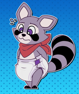 3_toes ambiguous_gender anthro black_body black_fur black_nose black_stripes black_tail blush blush_lines bodily_fluids clean_diaper clothed clothing diaper dotted_background facial_markings feet flying_sweatdrops fur gradient_background grey_body grey_fur grey_inner_ear grey_tail hands_behind_back head_markings kerchief leg_markings looking_down markings neckerchief neckwear pattern_background red_kerchief red_neckerchief simple_background socks_(marking) solo striped_markings striped_tail stripes sweat sweatdrop tail tail_markings tan_body tan_fur toes wavy_mouth wearing_diaper ire-k indigo_park rambley_raccoon mammal procyonid raccoon 2024 hi_res