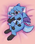 anthro bed blush erection furniture hug hugging_object hugging_plushie lying lying_on_bed male on_bed pillow plushie solo erinraccoon mythology kath_(kathgryph) avian gryphon mythological_avian mythological_creature hi_res