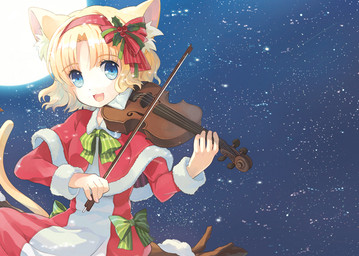 5_fingers accessory blonde_hair blue_eyes bow_(feature) bow_(stringed_instrument) bow_accessory bow_ribbon bowed_string_instrument branch clothed clothing dress female fingers front_view full_moon fully_clothed fur fur_trim_(clothing) hair hair_accessory hair_bow hair_ribbon hairband holding_musical_instrument holding_object holidays humanoid_hands inner_ear_fluff looking_at_viewer moon musical_instrument night on_branch open_mouth open_smile outside playing_music playing_violin raised_tail ribbons sitting sky smile solo star starry_sky string_instrument tail tan_body tan_skin tuft violin mottsun christmas animal_humanoid cat_humanoid felid felid_humanoid feline feline_humanoid humanoid mammal mammal_humanoid