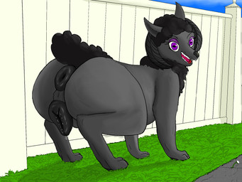 animal_genitalia animal_vulva anus big_butt black_body black_fur bodily_fluids butt canine_genitalia canine_vulva fangs female fence feral fur genital_fluids genitals grass looking_at_viewer open_mouth plant puffy_anus pupils quadruped slit_pupils smile snout solo teeth vaginal_fluids vulva delfeeart sylvia_(delfeeart) bovid canid canine canis caprine hybrid mammal sheep wolf 4:3 hi_res