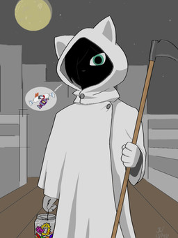 black_body black_fur black_hair candy cape clothing dessert emotionless expressionless female food fur gloves green_eyes hair halloween_costumes handwear looking_at_viewer night one_eye_obstructed sickle solo jing_wei kxol felid feline humanoid mammal 3:4 hi_res