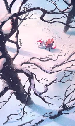 2_horns ambiguous_gender clothing duo feral forest fur hair hat headgear headwear hoofprint horn inner_ear_fluff multicolored_body multicolored_fur outside plant quadruped scarf short_hair snow spots tail tree tuft white_body white_fur winter itsdanfango ansel_(itsdanfango) olive_(itsdanfango) bovid caprine deer goat mammal 2017 absurd_res hi_res