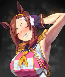 animal_ears armpit_fetish armpit_focus big_breasts biped blush bodily_fluids breasts brown_hair clothed clothing epaulet eyebrows eyelashes eyes_closed female gloves grey_background grin hair hand_in_hair handwear light_body light_skin musk presenting_armpit raised_arm simple_background smile solo sweat sweatdrop sweaty_armpit sweaty_arms sweaty_clothing tight_clothing touching_hair wrinkled_armpit astroodragon bakushin_armpit_gif cygames uma_musume_pretty_derby sakura_bakushin_o_(pretty_derby) animal_humanoid equid equid_humanoid equine equine_humanoid horse_humanoid humanoid mammal mammal_humanoid 2026 absurd_res colored detailed digital_drawing_(artwork) digital_media_(artwork) hi_res meme