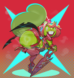 accessory backsack balls big_butt bodily_fluids buckteeth butt candy clothed clothing cosplay crossdressing dessert drooling eyelashes femboy food fur genitals green_body green_fur hair hair_accessory male melee_weapon mismatched_eyes open_mouth saliva smile sword tail teeth weapon submarine_screw happy_tree_friends xenoblade_(series) nutty_(htf) pyra_(xenoblade) mammal rodent sciurid tree_squirrel absurd_res hi_res