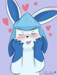 ambiguous_gender blue_body blue_fur blush blush_lines eyes_closed female fur heart_symbol open_mouth paws simple_background smile solo glacefrostbite nintendo pokemon eeveelution generation_4_pokemon glaceon pokemon_(species) 3:4 hi_res