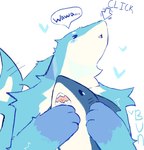 anthro athletic athletic_anthro athletic_male black_sclera blue_body blue_fur cursor fur heart_symbol hug hugging_object hugging_plushie male plushie solo speech_bubble text white_body white_eyes white_fur bunonthemoon ikea blahaj fish furred_shark marine shark 2023 english_text