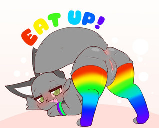 anthro anus ass_up belly big_tail blush bodily_fluids butt clothing cute_fangs fangs female fur genital_fluids genitals glistening glistening_body green_eyes grey_body grey_fur leg_warmers legwear looking_at_viewer looking_back looking_back_at_viewer multicolored_clothing multicolored_legwear multicolored_thigh_highs pink_anus presenting presenting_hindquarters rainbow_clothing rainbow_legwear rainbow_thigh_highs simple_background smile smiling_at_viewer solo tail teeth text thick_thighs thigh_highs toeless_thigh_highs vaginal_fluids vulva white_background white_inner_ear wristband defunctumbra waffols_(mschaox) domestic_cat felid feline felis mammal 2024 english_text