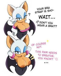 anthro areola armwear bare_shoulders bat_wings big_breasts black_nose blue_eyes blue_eyeshadow bodysuit breasts brown_areola brown_nipples cleavage clothed clothing deep_cleavage dialogue elbow_gloves eyelashes eyeshadow female gloves hair half-closed_eyes hands_behind_head hands_on_hips handwear legs_together looking_at_viewer makeup membrane_(anatomy) membranous_wings narrowed_eyes nipples offscreen_character one_eye_closed short_hair simple_background skinsuit solo standing text tight_clothing white_background white_hair wings sirsmolnsfw bra_strap_showing_(meme) sega sonic_the_hedgehog_(series) rouge_the_bat bat mammal 2026 4:5 absurd_res english_text hi_res meme
