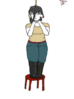 anthro bandaged_horn black_boots black_clothing black_footwear blood blood_on_bandage blue_bottomwear blue_clothing blue_pants bodily_fluids boots bottomwear breasts broken_horn brown_eyes chair clothing female footwear fur furniture green_eyes grey_hair hair horn on_chair pants shirt shoes simple_background solo standing standing_on_chair suicide t-shirt tan_clothing tan_topwear text topwear white_background white_body white_fur white_shoelaces wide_hips yellow_shoelaces toterzyklon bovid caprine mammal sheep artist_name hi_res watermark