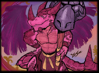 anthro bottomwear bottomwear_aside bracelet clothing clothing_aside crouching eyebrows facial_spikes hammer hand_on_hip holding_hammer holding_object holding_tool holding_weapon horn jewelry leaning leaning_forward loincloth looking_at_viewer male painted_background purple_body purple_eyes purple_scales scales smile smiling_at_viewer solo spikes spikes_(anatomy) spread_wings thick_eyebrows tools weapon wings bandersketch activision mythology spyro_reignited_trilogy spyro_the_dragon halvor_(spyro) rescued_dragons_(spyro) dragon mythological_creature mythological_scalie reptile scalie 2025 hi_res