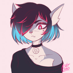 alternate_hairstyle alternative_fashion ambiguous_gender anthro arm_markings arm_tuft bite black_hair blue_body blue_eyes blue_hair blush blush_lines chest_markings chest_tattoo choker choker_chain collar collar_ring collar_tag collarbone crossgender ear_bite emo eyelashes eyeshadow eyeshadow_makeup fangs fangs_bared female goth grunge_(fashion) hair hair_over_eye heart_(marking) heart_eyes heart_symbol highlights_(coloring) jewelry kemono long_hair magenta_eyes magenta_hair makeup markings mole_(marking) mole_under_eye multicolored_body multicolored_eyes multicolored_hair neck_markings necklace notched_ear occult_symbol pentagram pentagram_circle pentagram_collar_tag pentagram_necklace pointy_ears pouting pouty pouty_lip red_eyes red_hair satanic scene_(fashion) sharp_teeth short_hair shoulder_markings shoulder_tuft snaggle_tooth solo symbol tattoo teeth tuft katciao kaiko_(katciao) aquatic fish humanoid requiem_shark shark tiger_shark 1:1 absurd_res hi_res
