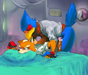 anal anal_penetration anthro bed bent_over bite blue_body blue_feathers blush bodily_fluids bottomless clothed clothing cum cum_in_ass cum_inside duo feathers fingerless_gloves from_behind_position furniture genital_fluids genitals gloves handwear inside jacket male male/male male_penetrated male_penetrating male_penetrating_male on_bed penetration penis pillow pillow_bite sex topwear daftpatriot nintendo star_fox falco_lombardi fox_mccloud avian bird canid canine fox mammal