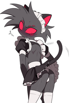blush blush_lines bulge clothed clothing maid_headdress maid_uniform male panties simple_background solo underwear uniform white_background white_clothing white_panties white_underwear enaic31 hazbin_hotel hellaverse arackniss_(hazbin_hotel) arachnid arthropod demon domestic_cat felid feline felis humanoid mammal spider absurd_res hi_res
