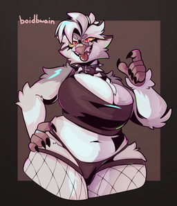 anthro band-aid band-aid_on_beak band-aid_on_face band-aid_on_nose bandage bandage_on_beak bandage_on_face bandage_on_nose beak big_breasts black_border border breasts cleavage clothed clothed_anthro clothed_female clothing collar crop_top eyebrows female female_anthro fishnet_clothing fishnet_legwear fishnet_thigh_highs fur grey_body grey_fur hair huge_breasts legwear looking_at_viewer navel non-mammal_breasts non-mammal_navel panties piercing red_eyes shirt solo spiked_collar spikes tank_top teeth text thick_thighs thigh_highs tongue tongue_out tongue_piercing tongue_stud topwear underwear white_body white_fur white_hair wide_hips yellow_sclera boidbwain joy_(shammy) avian bird owl 2025 artist_name colored digital_drawing_(artwork) digital_media_(artwork) hi_res portrait shaded three-quarter_portrait