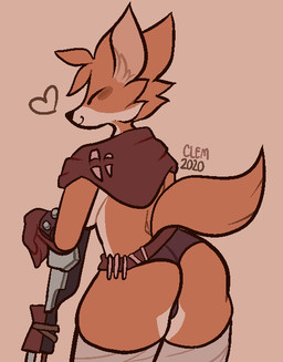 anthro bandage belt big_breasts black_nose blush bottomwear breasts butt cheek_tuft cloak clothed clothing eyes_closed facial_tuft female fur gloves gun hair handwear heart_symbol midriff orange_body orange_fur ranged_weapon rear_view rifle shorts skimpy smile sniper_rifle solo standing tuft weapon clementyne gunfire_reborn bandit_hermit_(gunfire_reborn) canid canine fox mammal 2020 digital_media_(artwork) portrait three-quarter_portrait