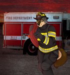 anthro clothing department engine fire firefighter hose lupis male solo text truck uniform wcanis thehuntingwolf luckywolff canid canine canis mammal wolf absurd_res english_text hi_res