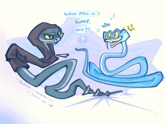 black_clothing black_hoodie black_topwear blue_body blue_scales clothed clothing dialogue duo fangs feral hoodie male scales smile star talking_to_self teeth text topwear yellow_eyes sharkmako1 disney zootopia gary_de'snake pit_viper reptile scalie snake viper 2025 digital_media_(artwork) english_text