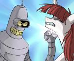 duo eyes_closed female fur hair horn machine red_hair shoryuken teeth white_body white_fur uc77 comedy_central friendship_is_magic futurama hasbro my_little_pony bender_bending_rodríguez lauren_faust lauren_faust_(character) equid mammal robot 6:5