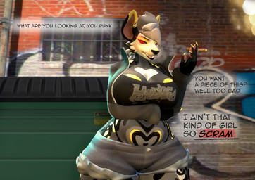 alley angry anthro blurred_background bottomwear breasts brick brick_wall bright_light cleavage clothed clothing dialogue dumpster female g-string graffiti grumpy hotpants punk_hair red_eyes rim_light shorts skimpy smoke smoking solo street_lamp underwear wall_(structure) generalbrainconsuminlet garry's_mod hyenid_(species) 3d_(artwork) character_request digital_media_(artwork)