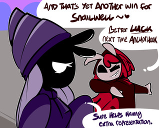 anthro black_body black_eyes black_skin clothing dialogue duo female grey_body grey_skin hair jumpsuit outside purple_hair racing_uniform red_hair shadow_face shell_hat speech_bubble taunting white_eyes thefablednekos spiral_stream_derby crimson_clover spiral_tapp gastropod mollusk snail hi_res