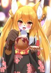 2_tails accessory anthro asian_clothing blonde_hair blush brown_body brown_fur chest_tuft clothed clothing cute_fangs dipstick_ears dipstick_tail ear_markings east_asian_clothing fangs female female_anthro fluffy food fur hair hair_accessory japanese_clothing japanese_food kemono kimono long_hair looking_at_viewer markings multi_tail multicolored_body multicolored_ears multicolored_fur multicolored_hair multicolored_tail open_mouth red_eyes solo tail tail_markings takoyaki teeth tongue tuft twintails_(hairstyle) white_body white_fur white_hair yellow_body yellow_fur horokusa0519 nio_(horokusa) canid canine fox mammal 2023 digital_media_(artwork) hi_res