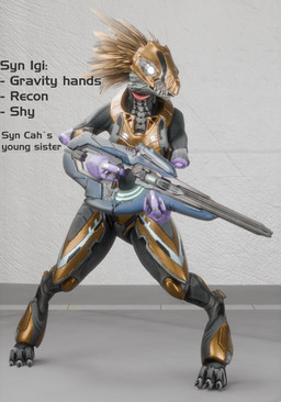 3_fingers 3_toes anthro armor avian_caruncle carbine claws cybernetic_hand cybernetics digitigrade disembodied_hand face_covered feather_hair feathered_crest feathers feet female fingers floating_hands glowing glowing_eyes grey_body gun head_crest headgear helmet holding_gun holding_object holding_ranged_weapon holding_weapon machine missing_arm pseudo_hair ranged_weapon sharp_teeth solo spurs_(anatomy) standing teeth text toe_claws toes weapon white_eyes yellow_body yellow_feathers synca pickle_juice_(modeler) halo_(series) microsoft xbox_game_studios syn_igi alien avian kig-yar scalie t'vaoan 3d_(artwork) colored digital_media_(artwork) english_text hi_res