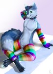 abstract_background alternate_rainbow_pride_colors anthro arm_warmers armwear blue_body blue_eyes blue_fur blue_hair cheek_tuft clothing collar ear_tuft elbow_gloves facial_tuft featureless_crotch fingerless_gloves footless_legwear fur gloves hair hand_behind_head handwear leg_warmers legwear lgbt_pride male multicolored_arm_warmers multicolored_armwear multicolored_body multicolored_clothing multicolored_elbow_gloves multicolored_fingerless_gloves multicolored_fur multicolored_gloves multicolored_handwear multicolored_leg_warmers multicolored_legwear multicolored_thigh_highs multicolored_toeless_legwear navel paws pride_colors rainbow_arm_warmers rainbow_armwear rainbow_clothing rainbow_elbow_gloves rainbow_fingerless_gloves rainbow_footless_legwear rainbow_gloves rainbow_handwear rainbow_leg_warmers rainbow_legwear rainbow_pride_colors rainbow_thigh_highs sitting solo tail tail_tuft thigh_highs tuft whiskers corbin_(roscy) double_colon_(djdavid98) canid canine mammal rexouium absurd_res hi_res