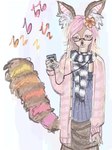 ambiguous_gender anthro bottomwear cardigan clothed clothed_anthro clothing earbuds electronics eyewear fluffy fluffy_tail fur glasses hair headphones holding_object inner_ear_fluff looking_at_viewer markings multicolored_body multicolored_fur musical_note musical_symbol portable_music_player scarf shirt simple_background skirt smile solo standing striped_inner_ear striped_markings striped_tail stripes symbol tail tail_markings topwear tuft pathoparty ambiguous_species mammal 3:4 digital_drawing_(artwork) digital_media_(artwork)